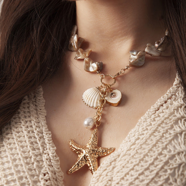 Boho Beach Layered Shell Necklace Set | Starfish & Seashell Pendant Choker