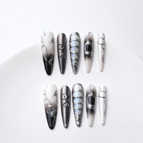 Gothic Chrome Black & White Press-On Nails – 3D Metallic Art Design