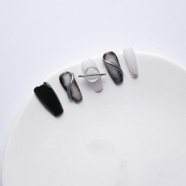 Galaxy Planet Press-On Nails | Black & White Gradient with 3D Space Design