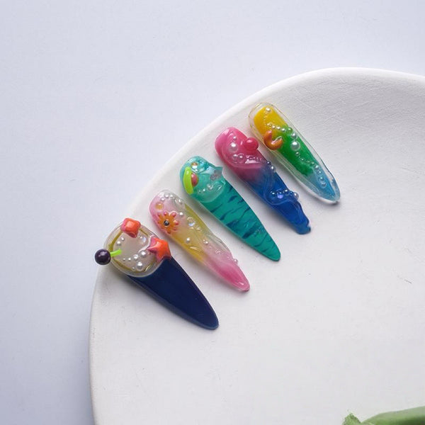 🍹 Tropical Jelly Press-On Nails | 3D Pearl & Fun Accent Design