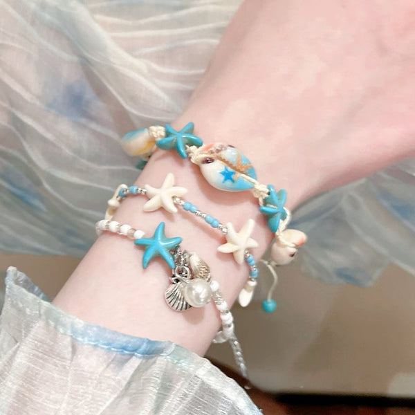 🏝 Boho Beach Layered Shell & Starfish Bracelet Set | Summer Beaded Anklet